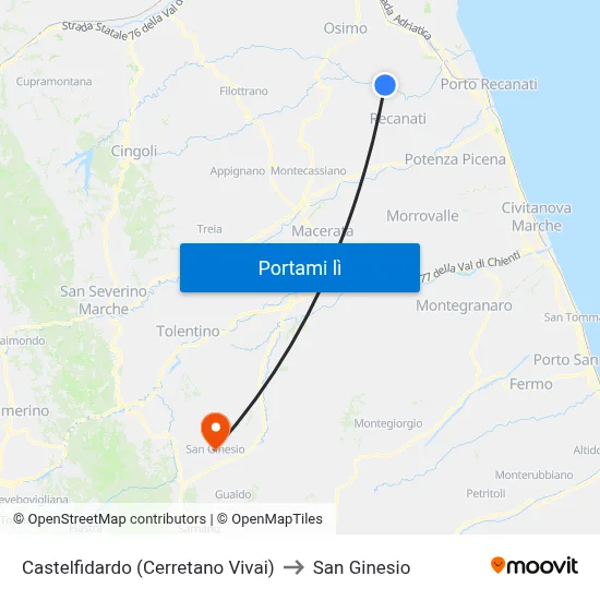 Castelfidardo (Cerretano Vivai) to San Ginesio map