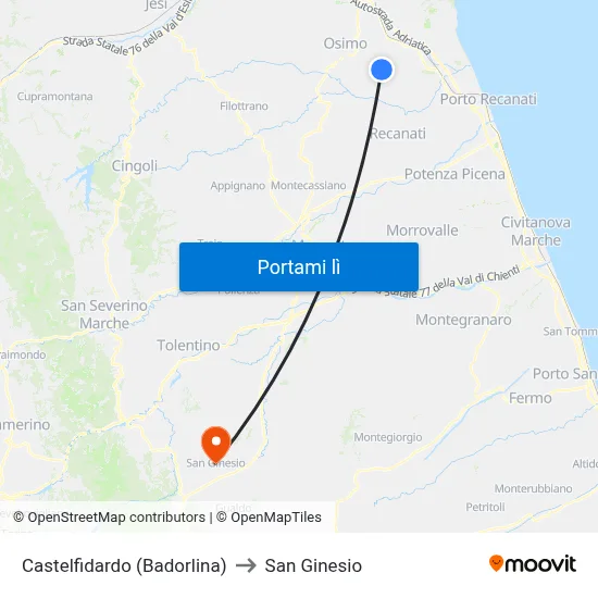 Castelfidardo (Badorlina) to San Ginesio map