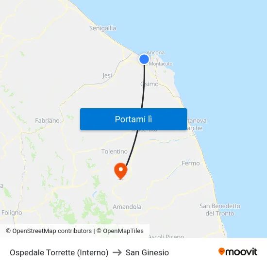 Ospedale Torrette (Interno) to San Ginesio map