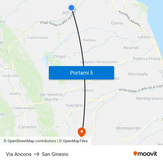 Via Ancona to San Ginesio map