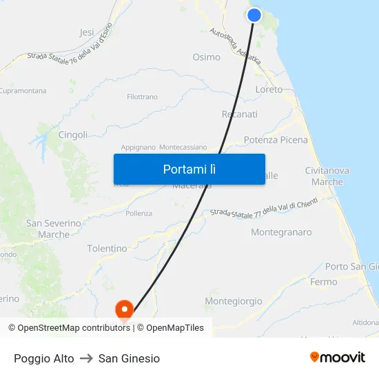 Poggio Alto to San Ginesio map