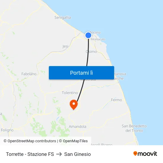 Torrette - Stazione FS to San Ginesio map