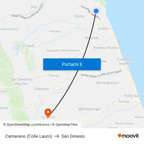 Camerano (Colle Lauro) to San Ginesio map