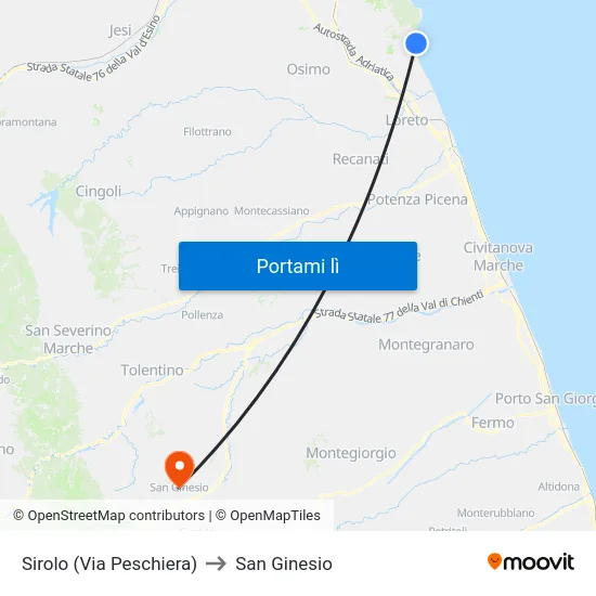 Sirolo (Via Peschiera) to San Ginesio map