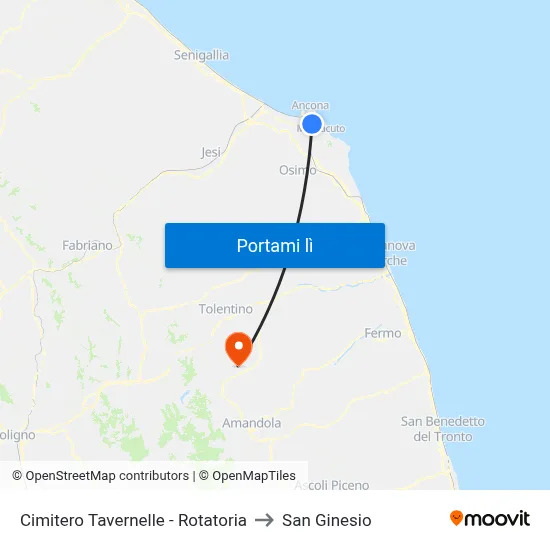 Cimitero Tavernelle - Rotatoria to San Ginesio map