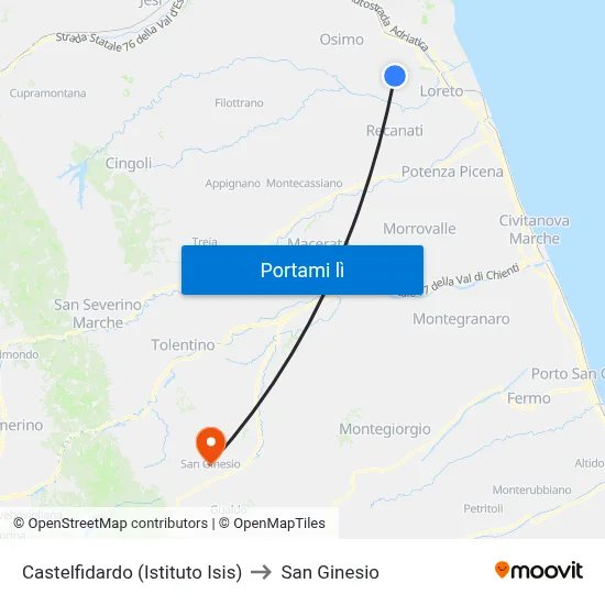 Castelfidardo (Istituto Isis) to San Ginesio map