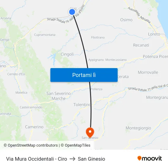 Via Mura Occidentali - Ciro to San Ginesio map