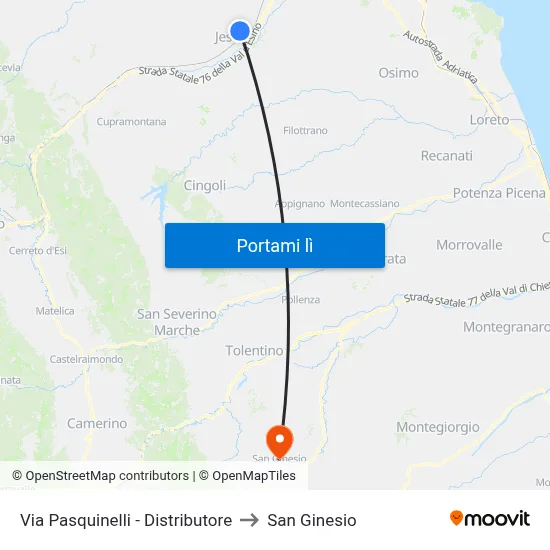Via Pasquinelli - Distributore to San Ginesio map