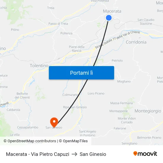 Macerata - Via Pietro Capuzi to San Ginesio map