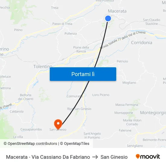 Macerata - Via Cassiano Da Fabriano to San Ginesio map