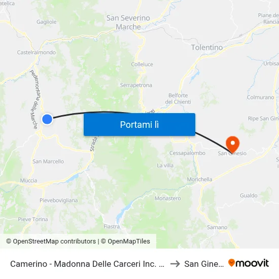 Camerino - Madonna Delle Carceri Inc. Unicam to San Ginesio map