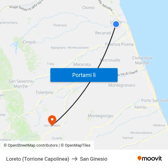 Loreto (Torrione Capolinea) to San Ginesio map