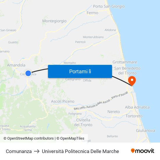 Comunanza to Università Politecnica Delle Marche map