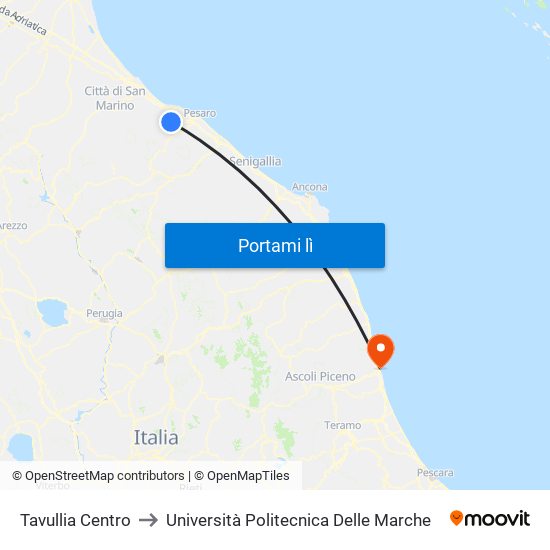 Tavullia Centro to Università Politecnica Delle Marche map