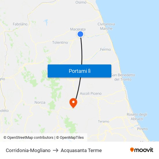 Corridonia-Mogliano to Acquasanta Terme map