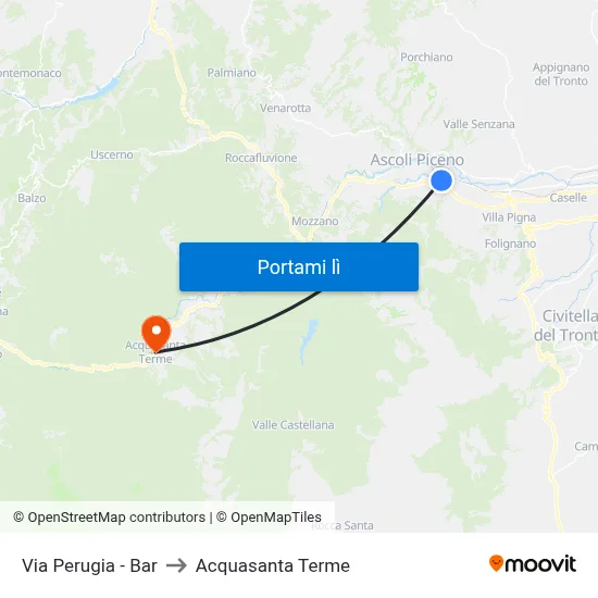 Via Perugia -  Bar to Acquasanta Terme map
