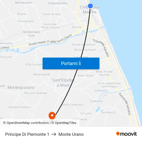 Principe Di Piemonte 1 to Monte Urano map