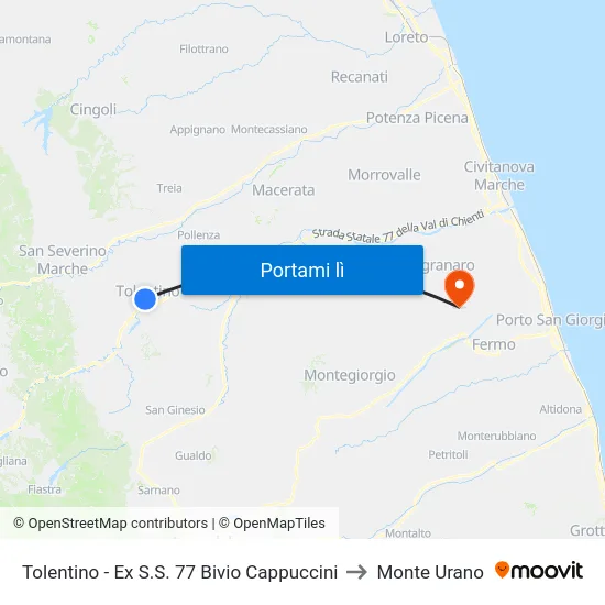 Tolentino - Ex S.S. 77 Bivio Cappuccini to Monte Urano map