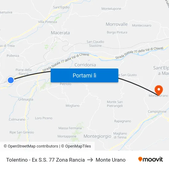 Tolentino - Ex S.S. 77 Zona Rancia to Monte Urano map