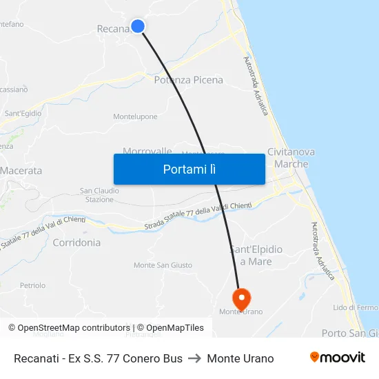 Recanati - Ex S.S. 77 Conero Bus to Monte Urano map