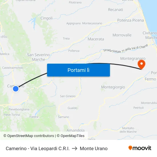 Camerino - Via Leopardi C.R.I. to Monte Urano map