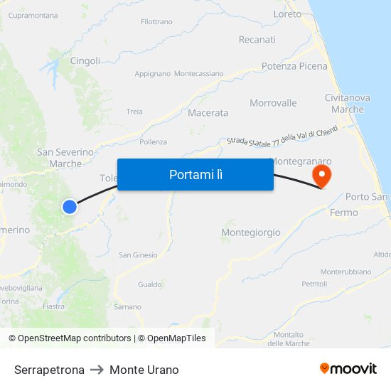 Serrapetrona to Monte Urano map