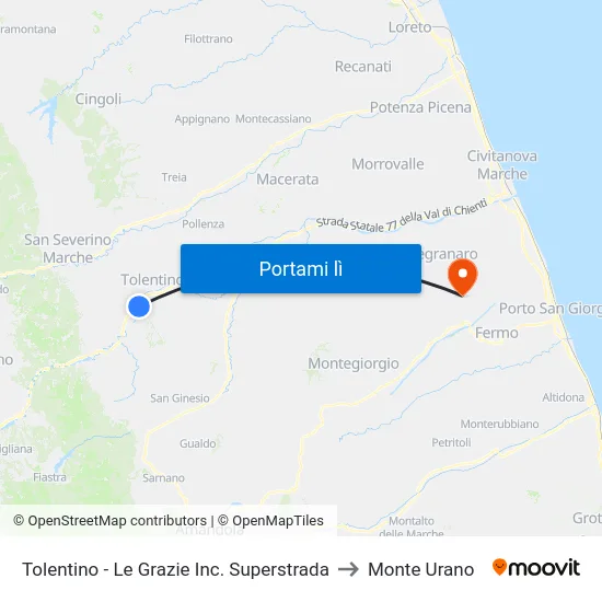 Tolentino - Le Grazie Inc. Superstrada to Monte Urano map