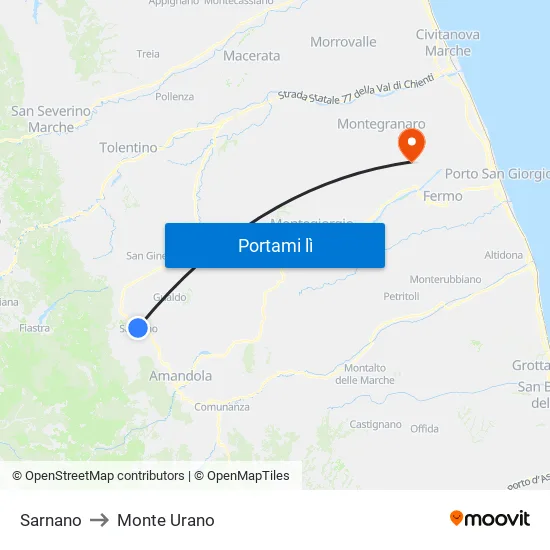 Sarnano to Monte Urano map