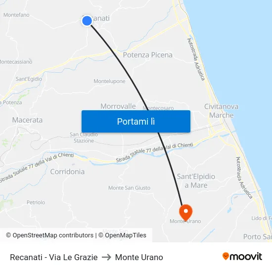 Recanati - Via Le Grazie to Monte Urano map
