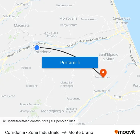 Corridonia - Zona Industriale to Monte Urano map