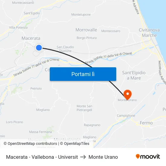 Macerata - Vallebona - Universit to Monte Urano map
