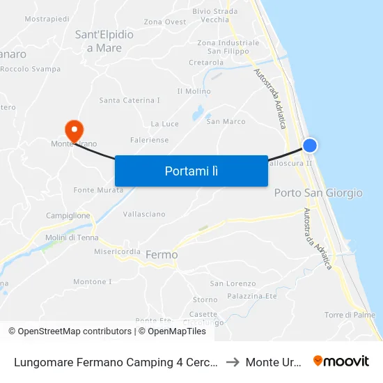 Lungomare Fermano Camping 4 Cerchi Dir. to Monte Urano map
