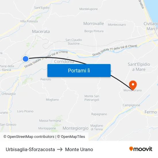 Urbisaglia-Sforzacosta to Monte Urano map