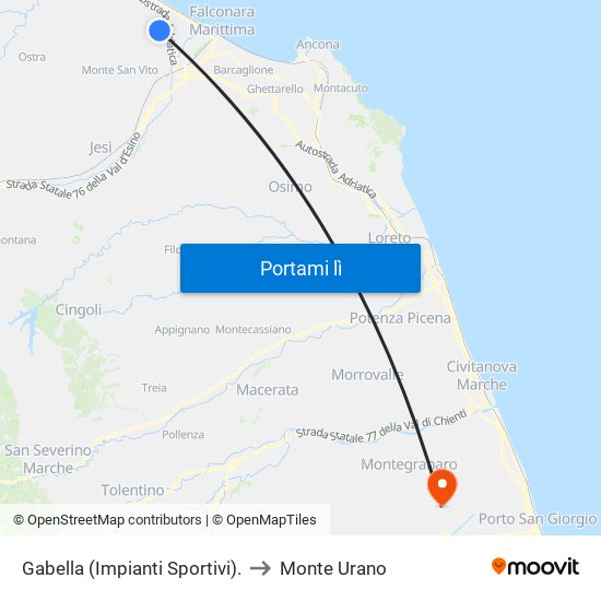 Gabella (Impianti Sportivi). to Monte Urano map