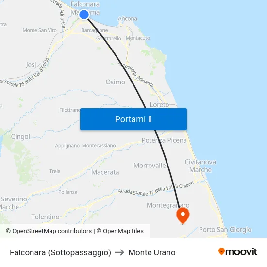 Falconara (Sottopassaggio) to Monte Urano map