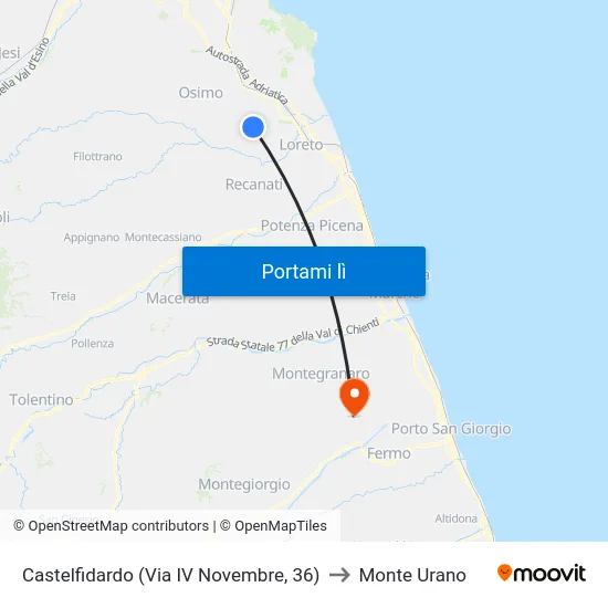 Castelfidardo (Via IV Novembre, 36) to Monte Urano map