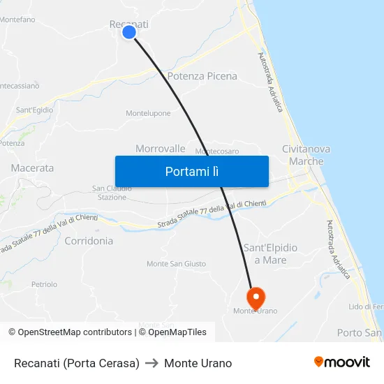 Recanati (Porta Cerasa) to Monte Urano map