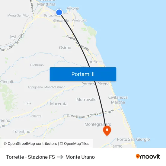 Torrette - Stazione FS to Monte Urano map