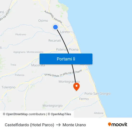 Castelfidardo (Hotel Parco) to Monte Urano map