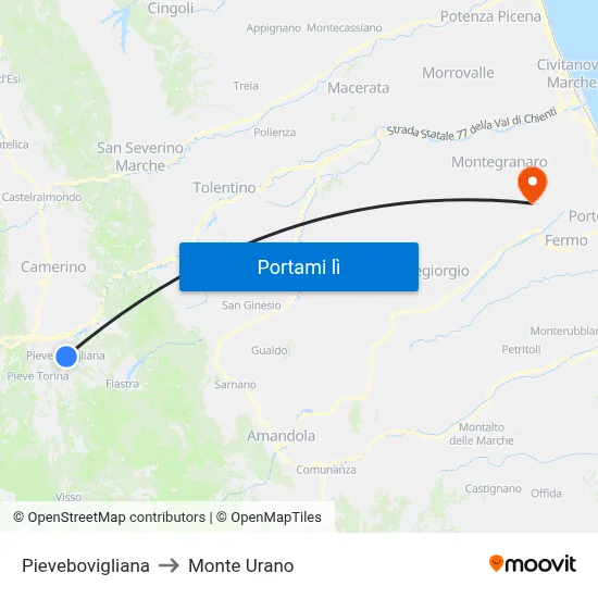 Pievebovigliana to Monte Urano map