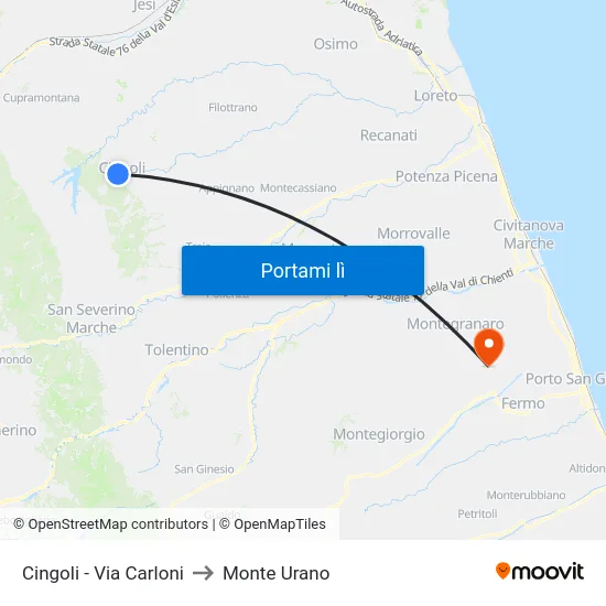 Cingoli - Via Carloni to Monte Urano map