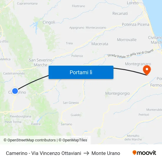 Camerino - Via Vincenzo Ottaviani to Monte Urano map