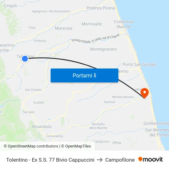 Tolentino - Ex S.S. 77 Bivio Cappuccini to Campofilone map