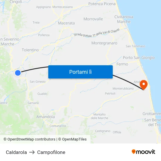 Caldarola to Campofilone map