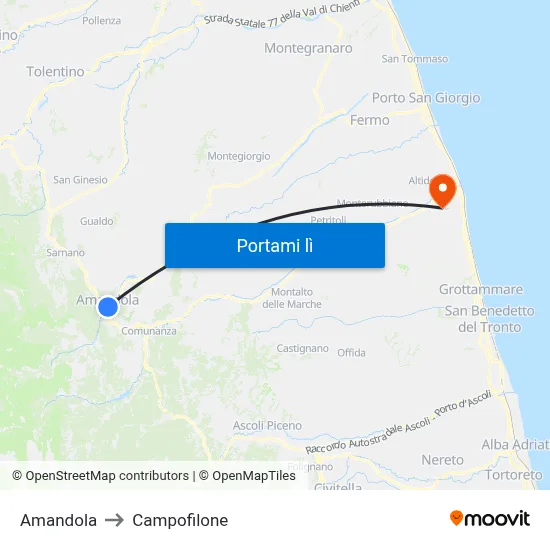 Amandola to Campofilone map