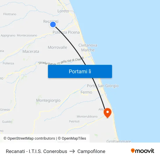 Recanati - I.T.I.S. Conerobus to Campofilone map