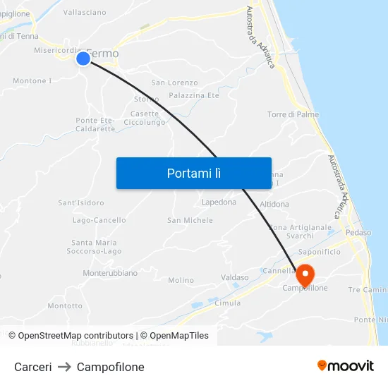 Carceri to Campofilone map