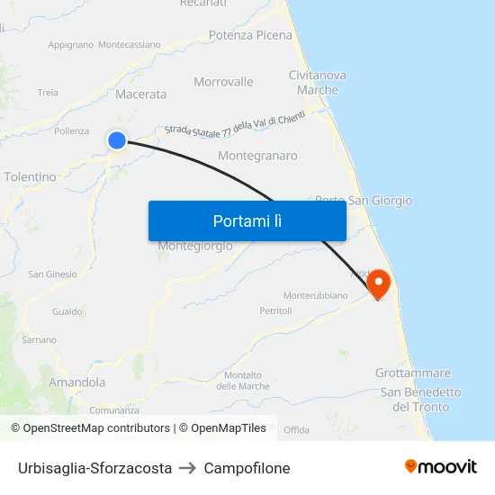 Urbisaglia-Sforzacosta to Campofilone map