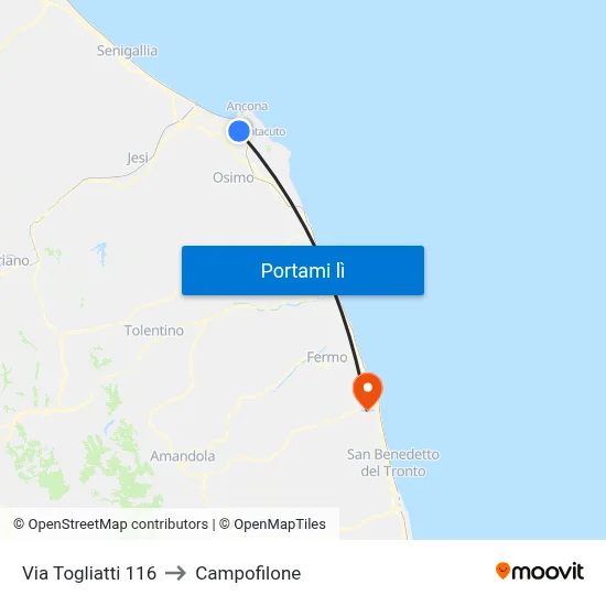 Via Togliatti 116 to Campofilone map