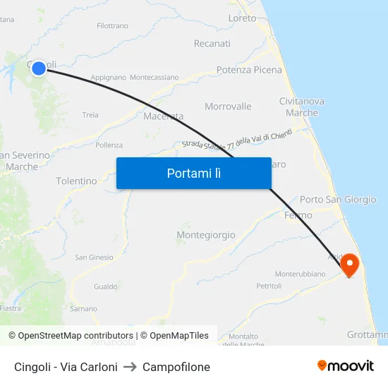 Cingoli - Via Carloni to Campofilone map